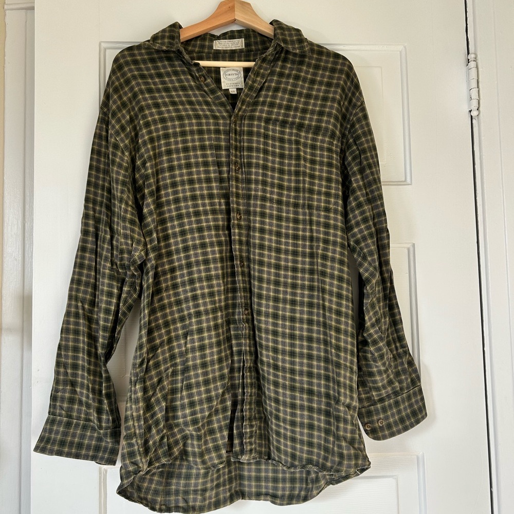 Brown and green plaid button down shirt